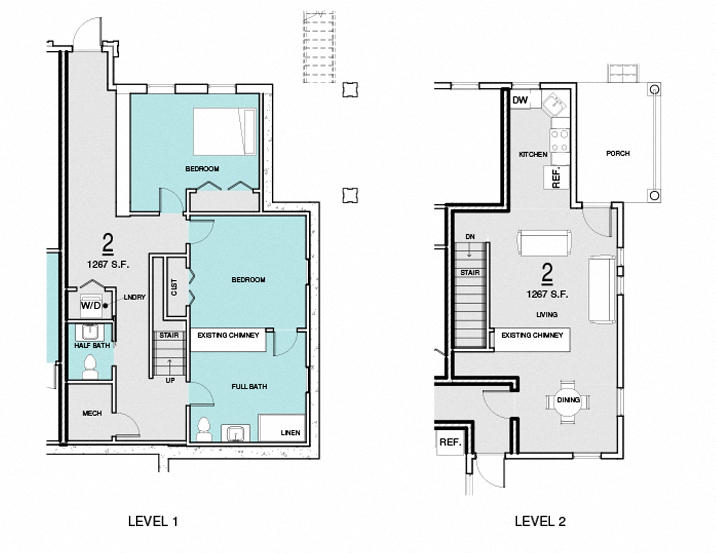 Floor plan for 2 beds, 1.5 baths, 1267 sqft